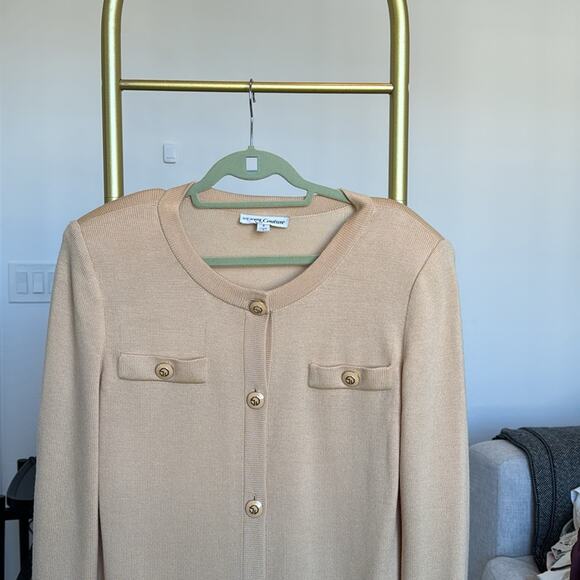 St. John Couture knit long sleeve cardigan dress midi coat khan tan beige - Picture 10 of 11